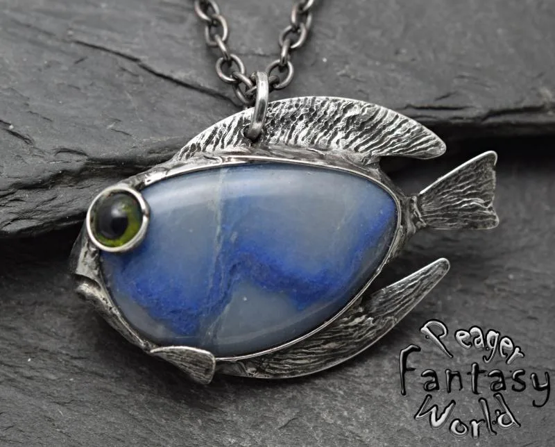 Blue Aventurine~Glass Eye~Fish~Engraved Pendant